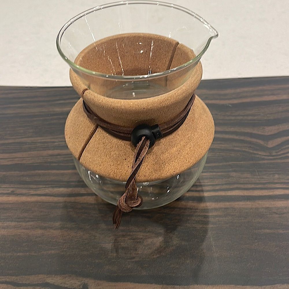 Bodum pour over, 3 cup glass, use paper filters, great for travel, hot coffee.